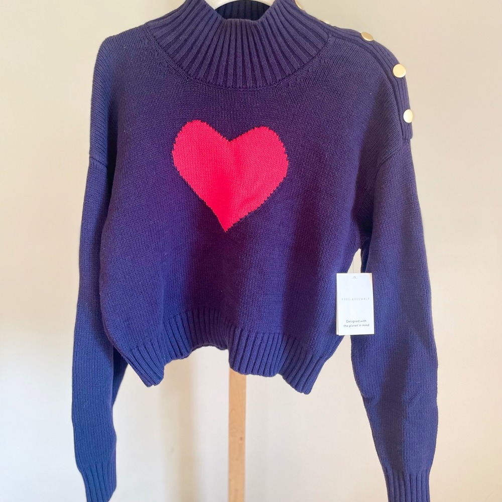 Free Assembly Womens Navy Blue Heart Mock Neck Sweater Gold Button Shoulder M